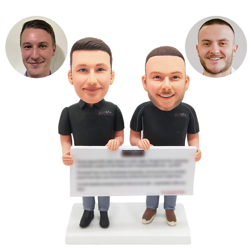 custom bobble head company partners holding a board
