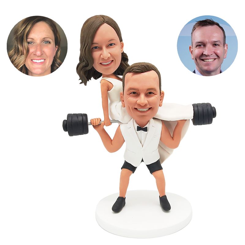 personalised bobble head weightlifting couple sitting on shoulders