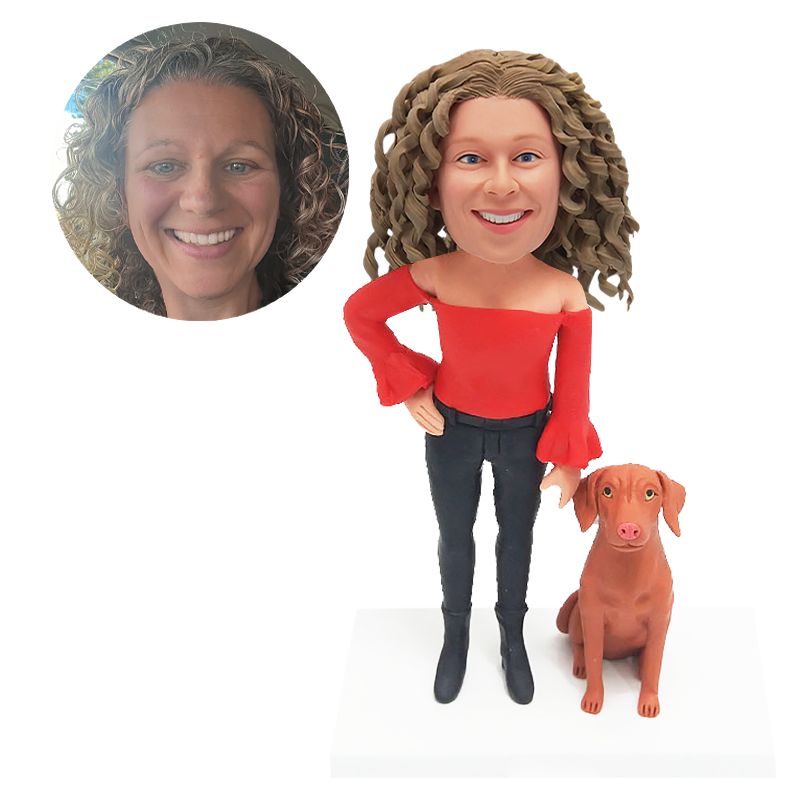custom bobblehead lady in a red top standing with her dog