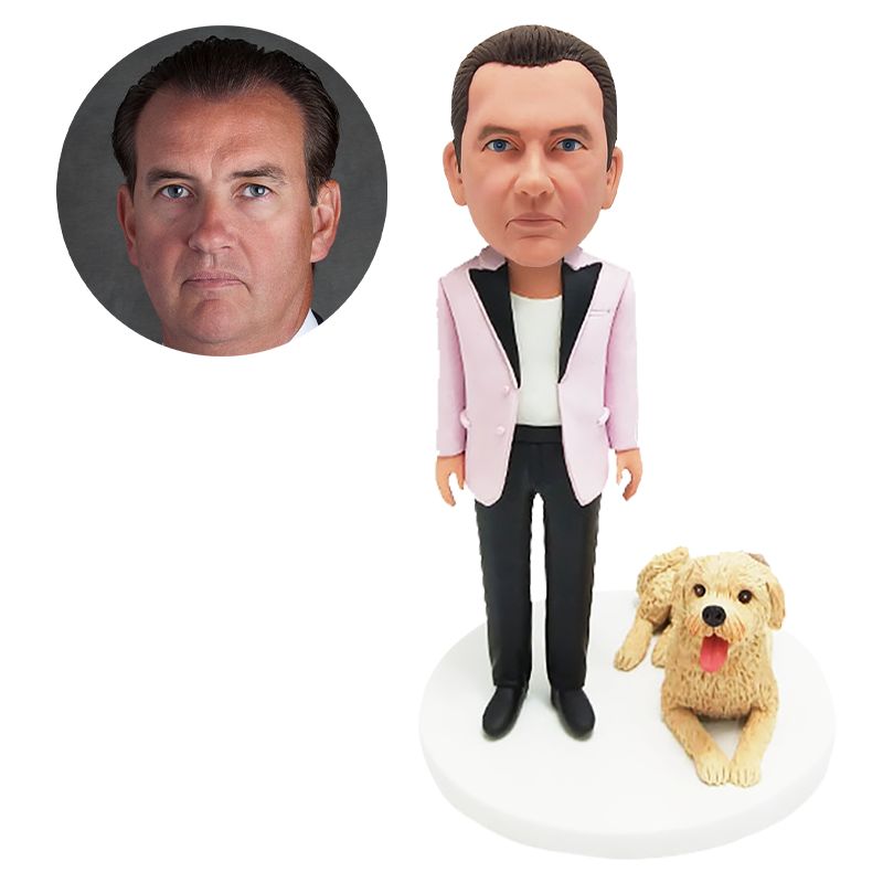 custom made bobblehead man in a pink blazer standing with his dog