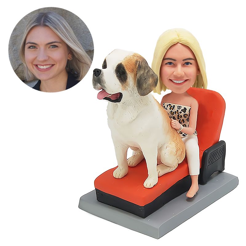 custom made bobblehead woman sitting on a sofa and hugging her dog