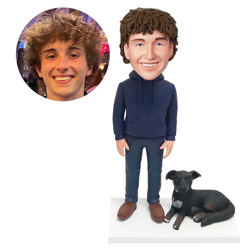 custom bobblehead figurine man in a navy sweater with his resting dog