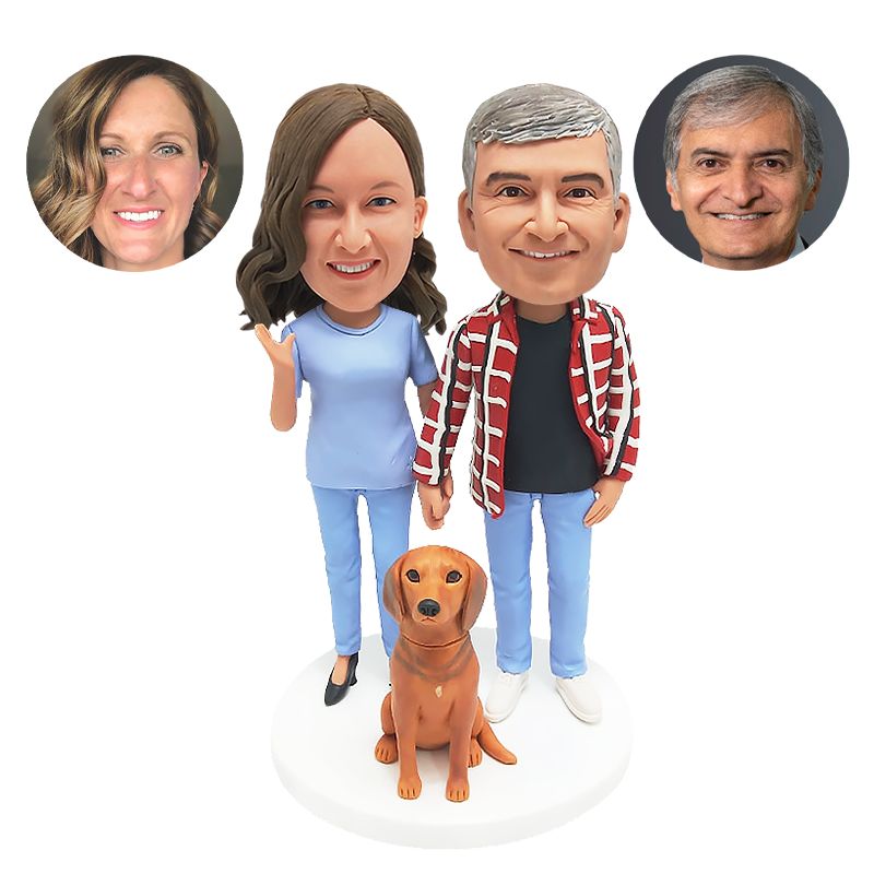 personalized bobblehead casual couple holding hands with their dog
