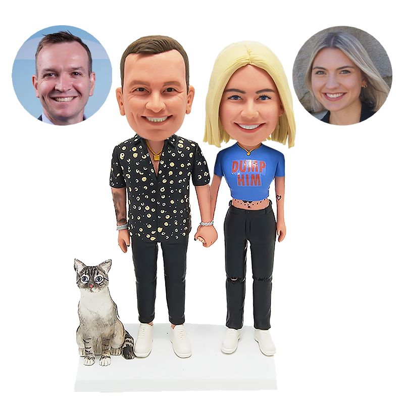 custom made bobblehead tattooed couple holding hands with their cat