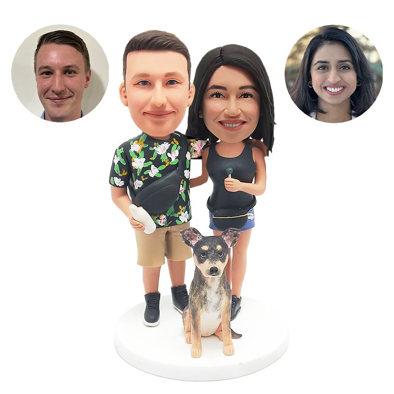 custom bobble head summer couple standing arm in arm with their dog