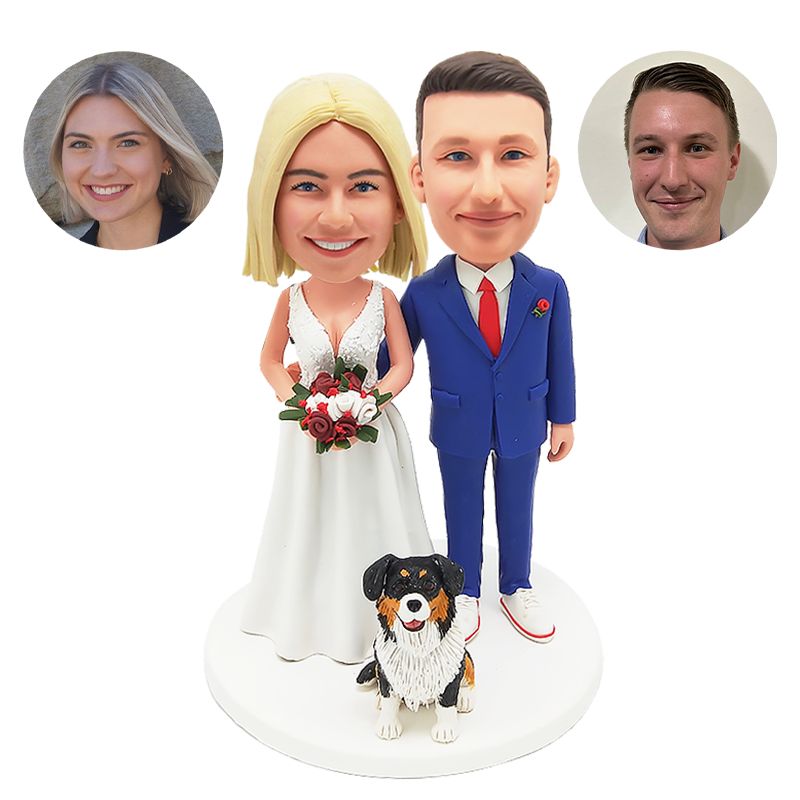 custom bobblehead figurine wedding couple posing with a bouquet and dog