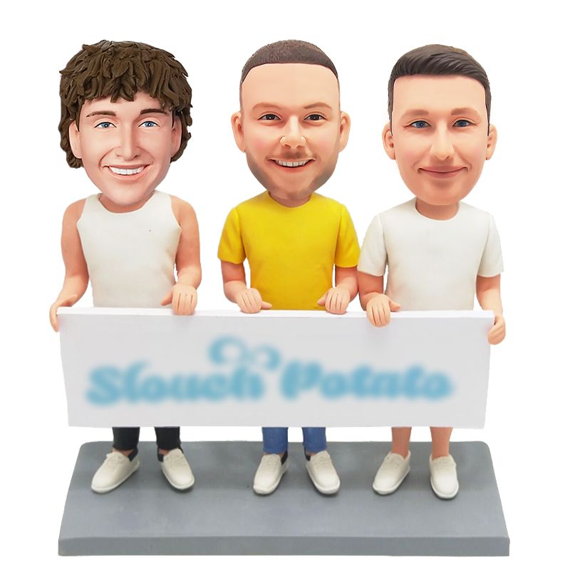 custom made bobblehead three casual business partners holding a logo board