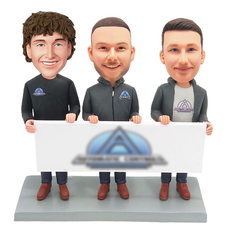 custom bobblehead figurine three man company team holding a logo sign