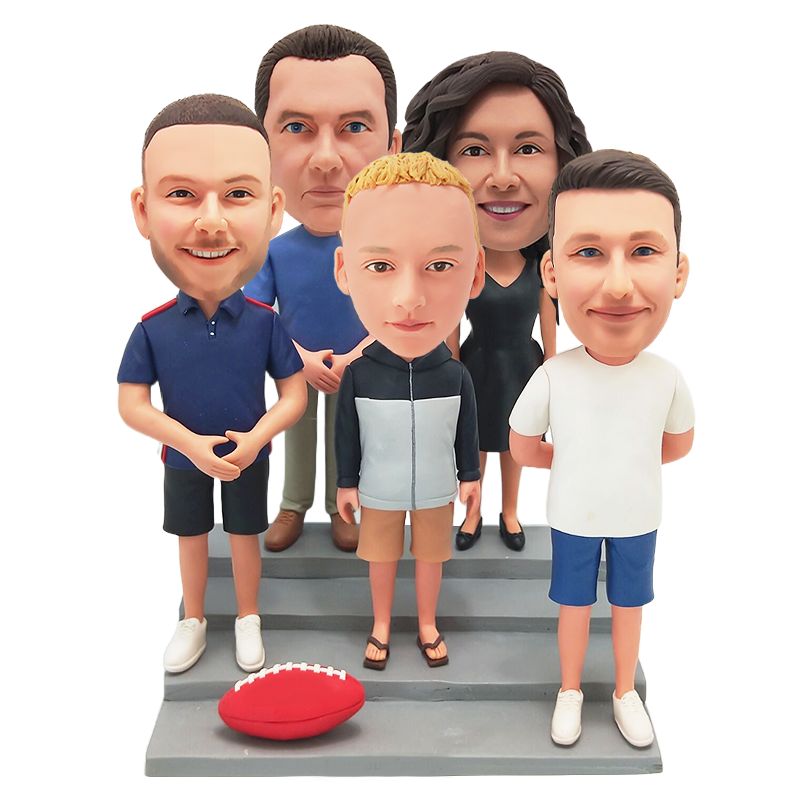 personalised bobble head five member family posing with a rugby ball