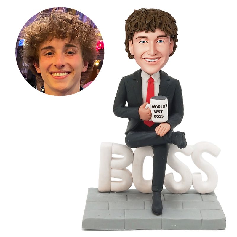 custom bobblehead best boss holding a cup of coffee