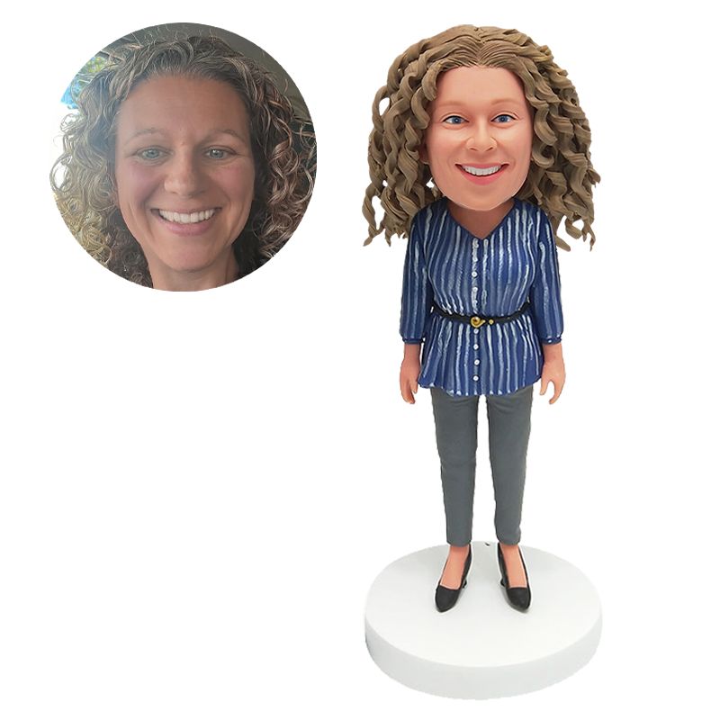 personalized bobblehead female boss in striped long sleeve