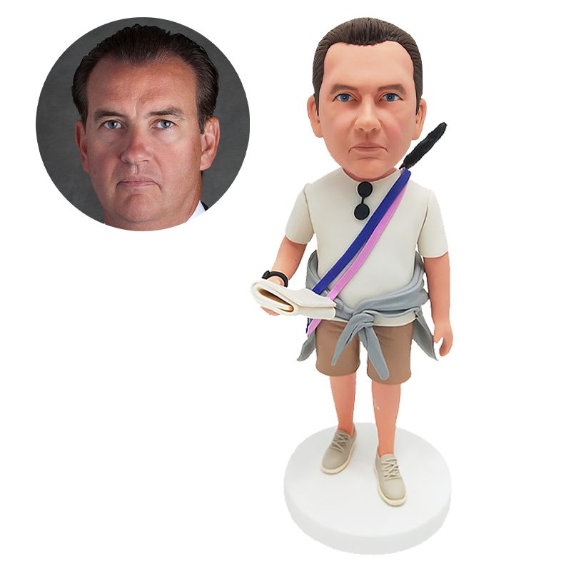 personalised bobble head hiking man holding newspaper