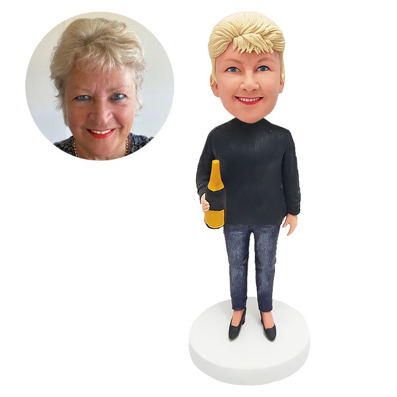 bobblehead custom lady holding a bottle of beer