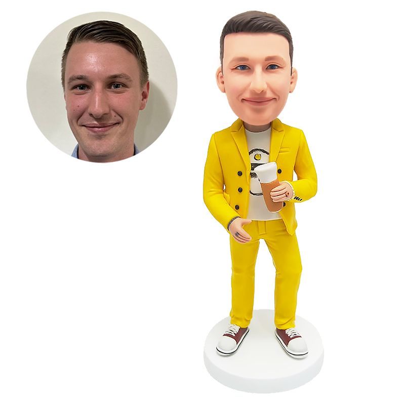 bobblehead custom man holding a water cup