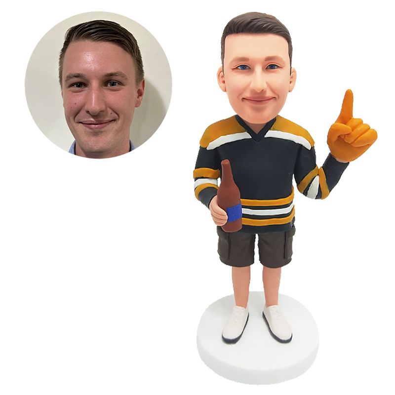 custom bobblehead figurine man with a beer bottle pointing something