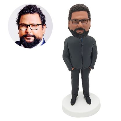 custom bobblehead figure man with hands in pockets