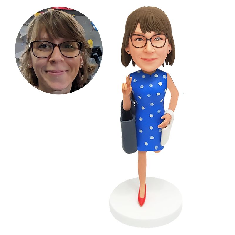 custom bobblehead pretty lady making yeah gesture with a bag