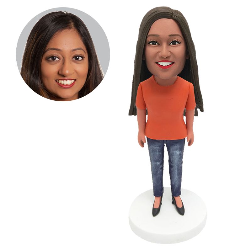 personalised bobble head casual lady in jeans
