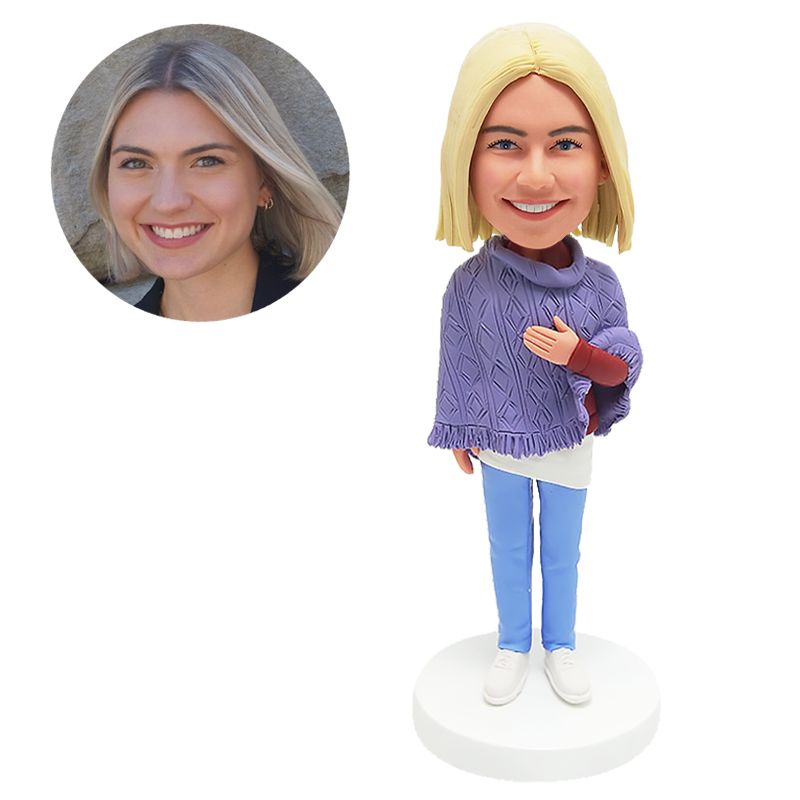 custom bobble head lady touching her sweater