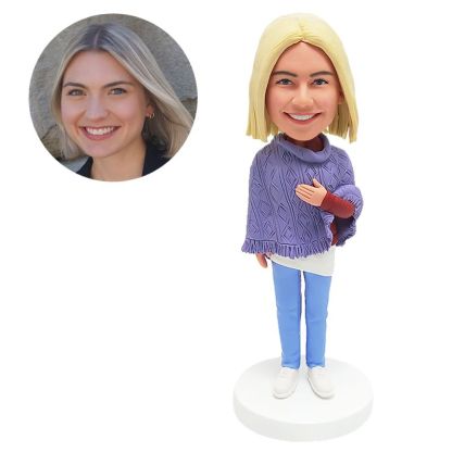 custom bobble head lady touching her sweater