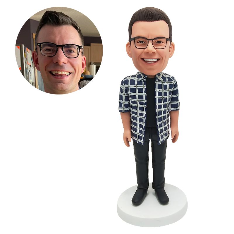 custom bobblehead figure leisure man in plaid shirt