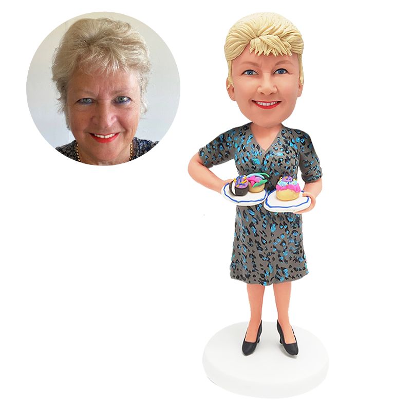 personalized bobblehead elegant lady holding two plates of cakes