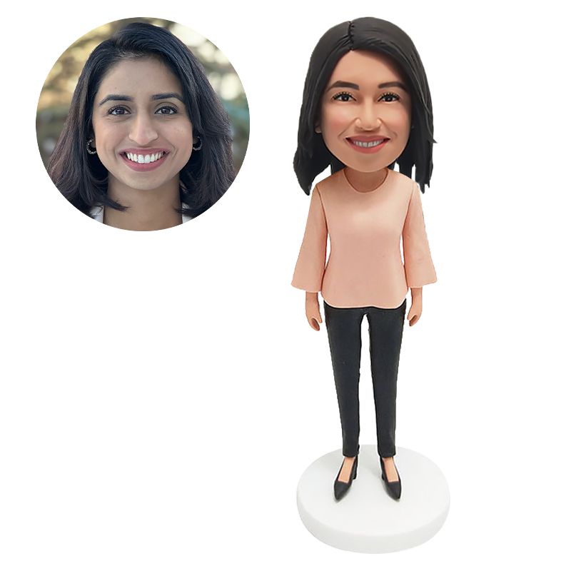 personalized bobblehead casual lady in pink long sleeve
