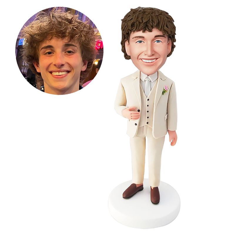 personalized bobblehead wedding groom in white suit