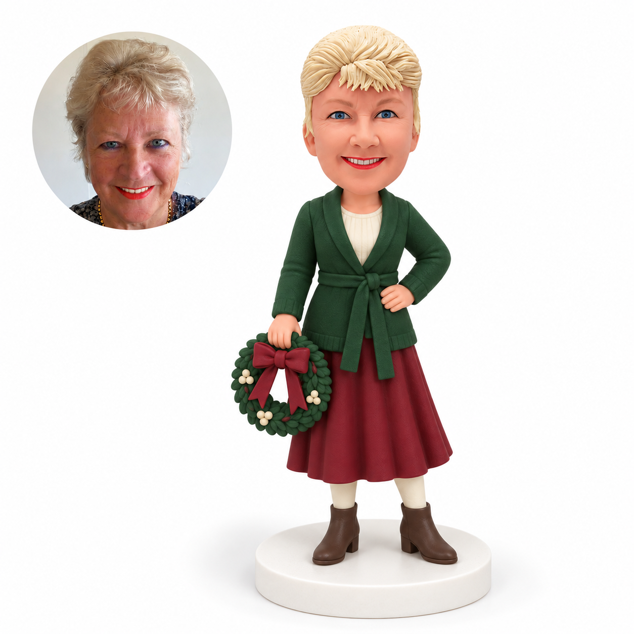 custom bobblehead figure woman holding a Christmas wreath