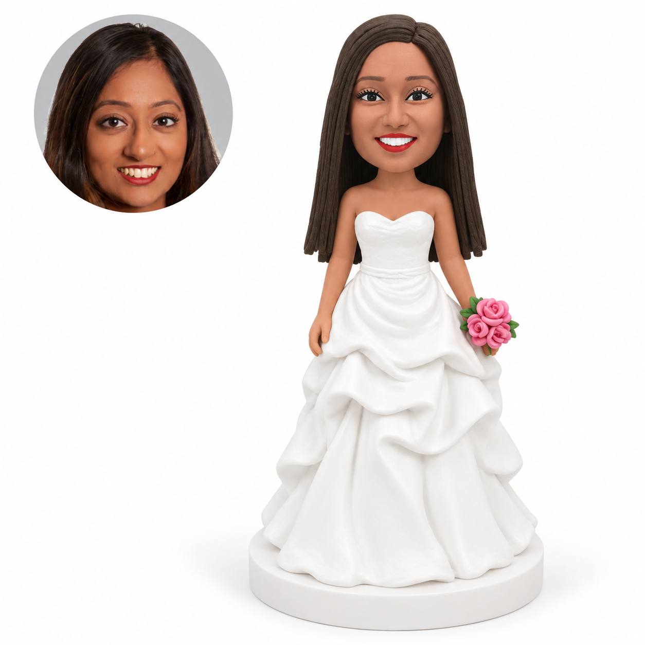 custom bobblehead figure bridesmaid in a ruffled white gown holding pink flowers