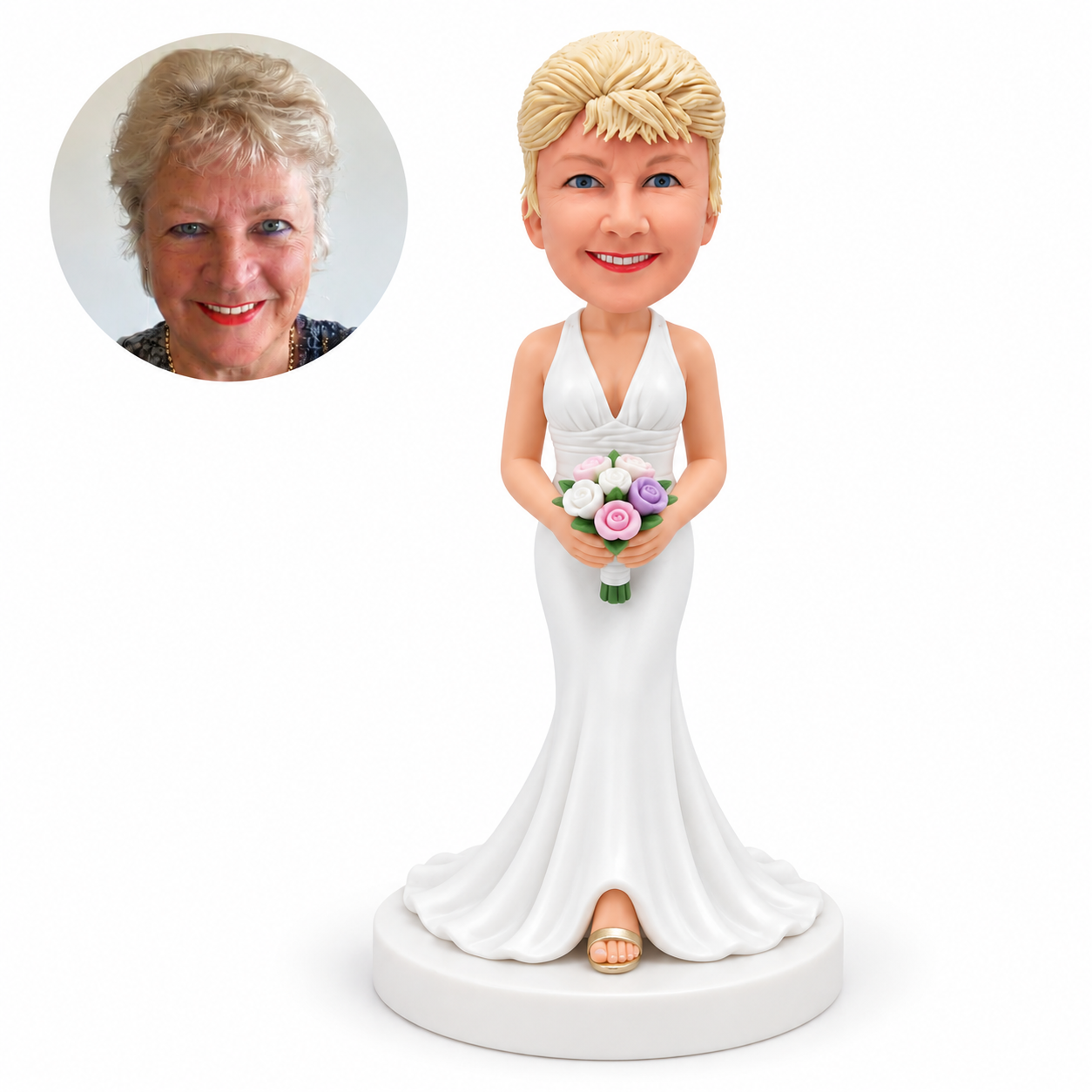 custom bobblehead figure bridesmaid in a white V-neck mermaid gown holding flowers