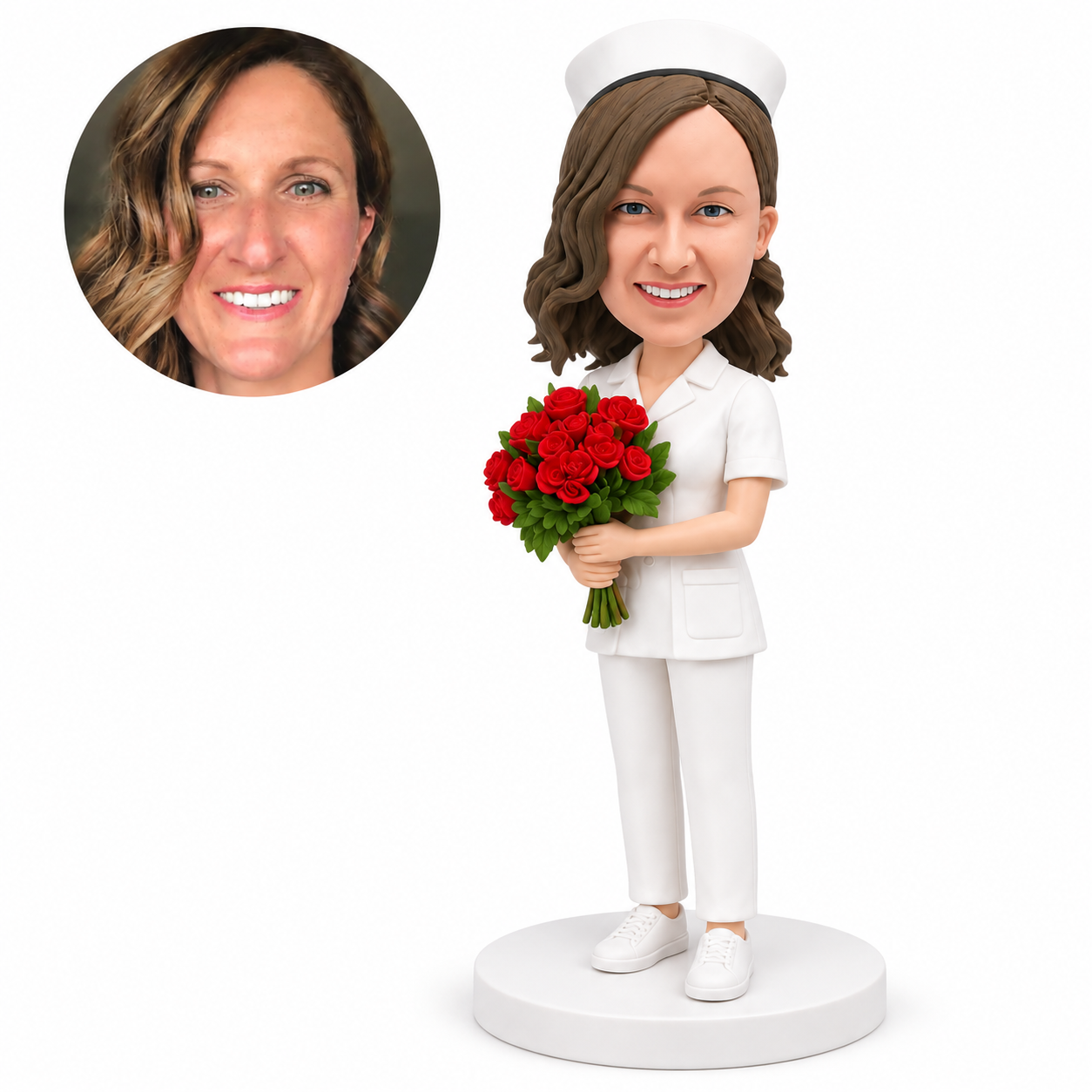custom bobblehead figure nurse holding a bouquet of red roses