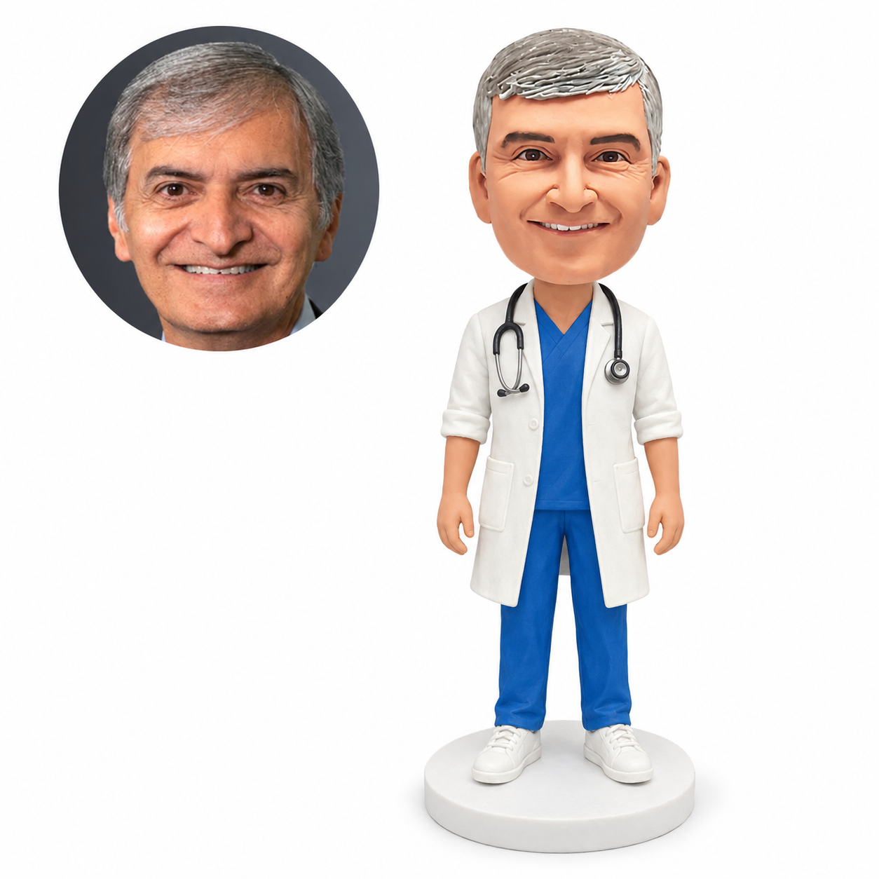 custom bobblehead figure male doctor in a rolled-sleeve lab coat over scrubs
