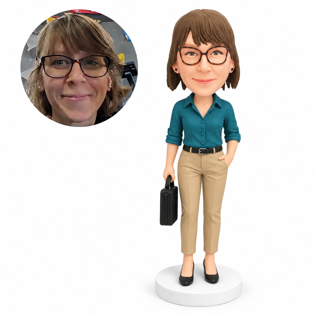 custom bobblehead figure businesswoman carrying a briefcase with one hand in a pocket