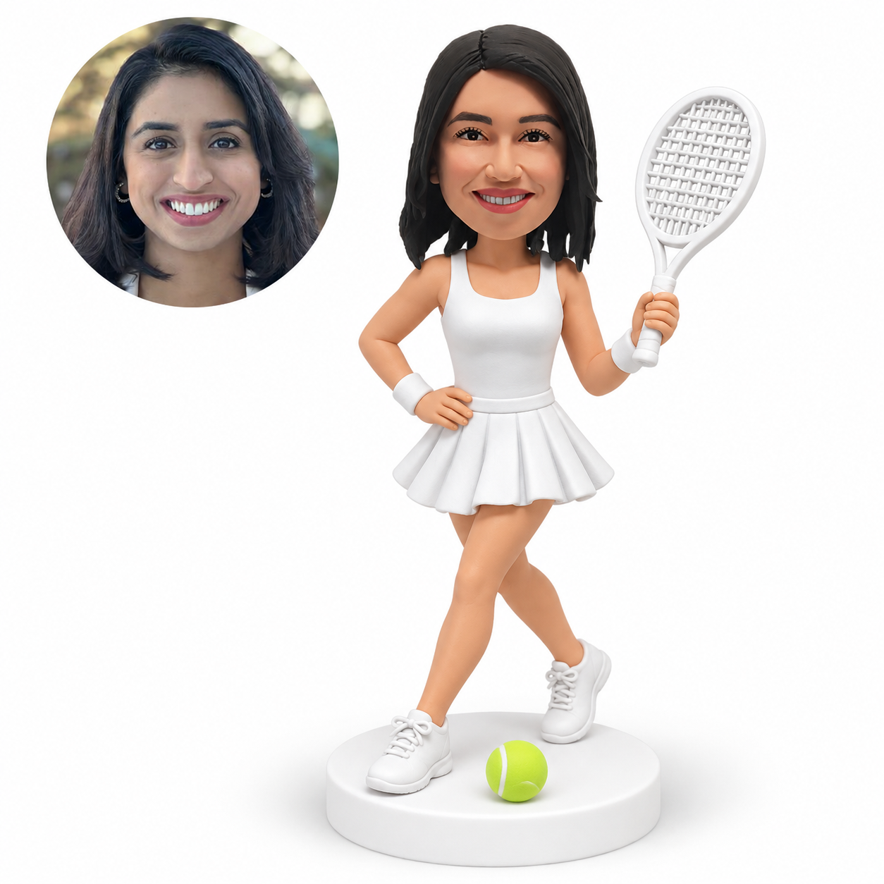 custom bobblehead figure female tennis player holding a racket high with crossed legs