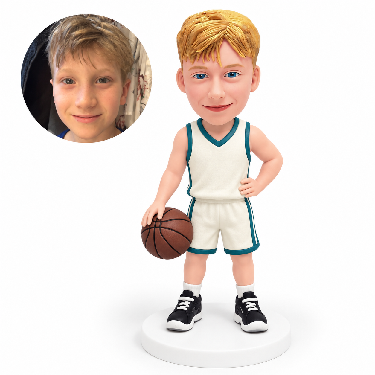 custom bobblehead figure boy basketball player with a lowered hand resting on the ball