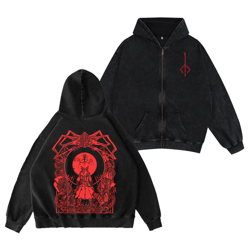 Bloodborne Blood Moon Washed Unisex Zip Up Hoodie