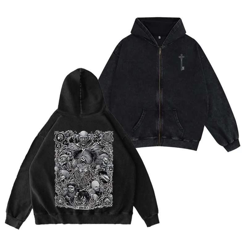 Attack on Titan Washed Unisex Zip Up Hoodie