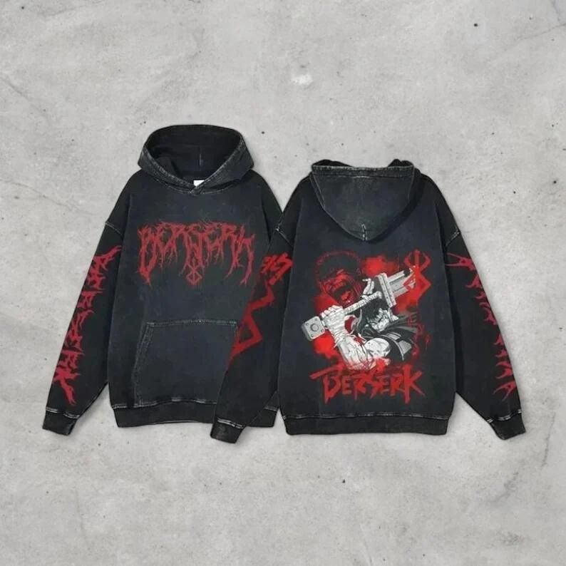 Anime Berserk Retro Washed 2-Sided Vintage Oversized Hoodie