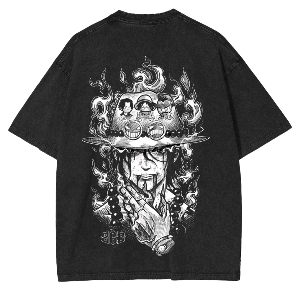 D. Ace x One Piece Anime Double Printed Vintage Unisex Washed T-Shirt