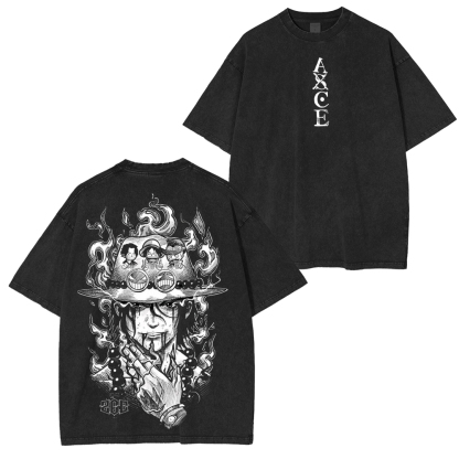 D. Ace x One Piece Anime Double Printed Vintage Unisex Washed T-Shirt