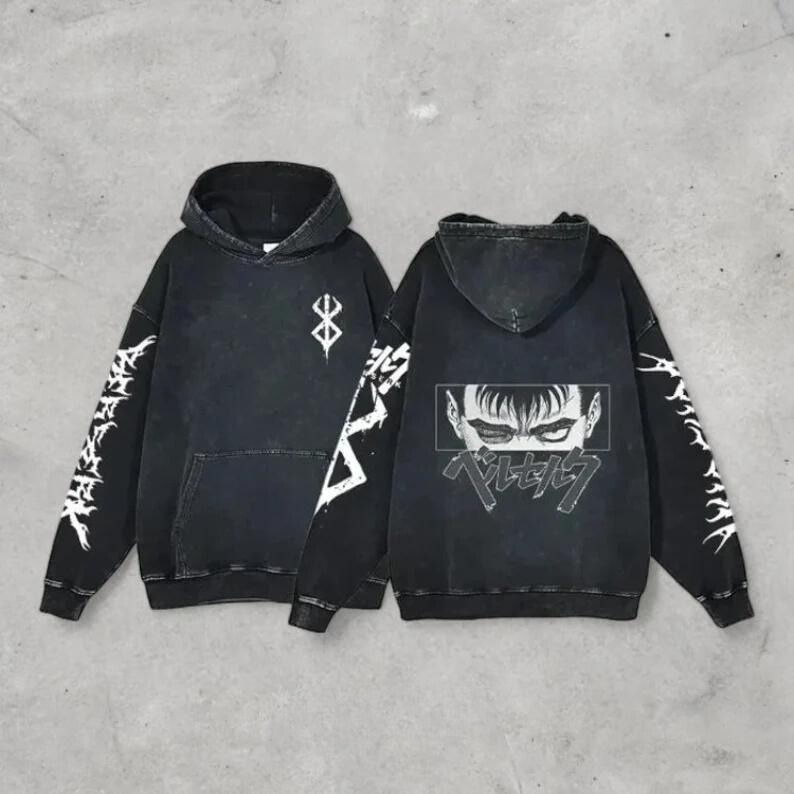 Anime Berserk Retro Washed 2-Sided Vintage Oversized Hoodie