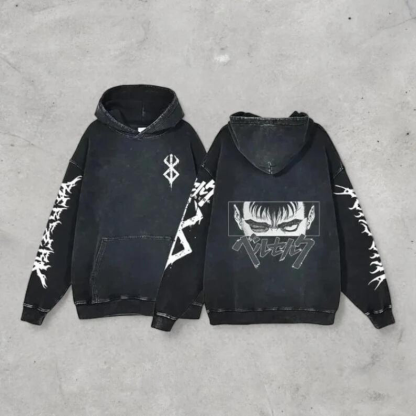 Anime Berserk Retro Washed 2-Sided Vintage Oversized Hoodie