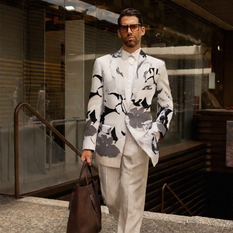 Elegant Ink-Brush Flower Print Men's Blazer