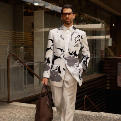Elegant Ink-Brush Flower Print Men's Blazer
