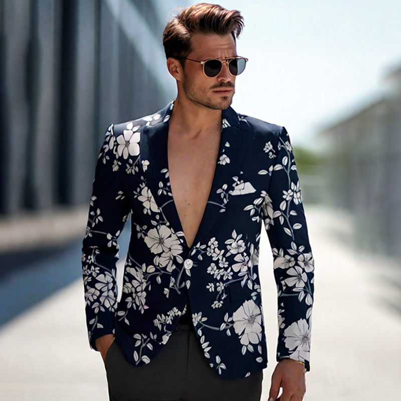 Elegant Men's Deep Blue Floral-Print Blazer