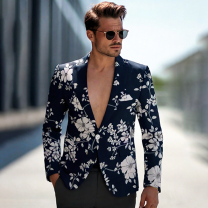 Elegant Men's Deep Blue Floral-Print Blazer