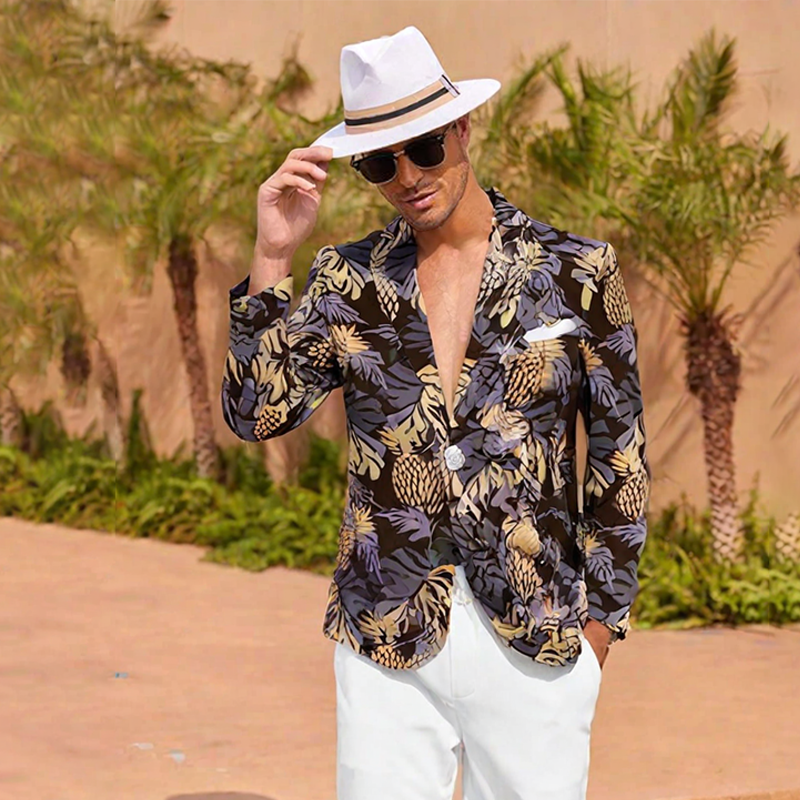 Tropical Pineapple & Leaf Print Tailored Blazer - Retro - Futuristic M