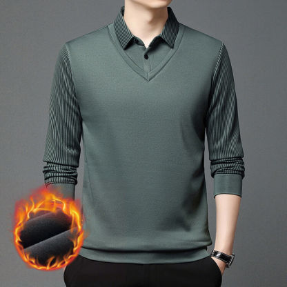 Men's Fleece Lined Faux Two-Piece Striped Polo Shirt – Thickened Knit Long Sleeve for Fall/Winter, Trendy and Warm, Perfect for Casual or Semi-Formal Wear