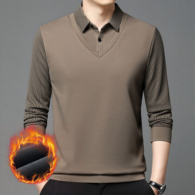 Men's Fleece Lined Faux Two-Piece Striped Polo Shirt – Thickened Knit Long Sleeve for Fall/Winter, Trendy and Warm, Perfect for Casual or Semi-Formal Wear